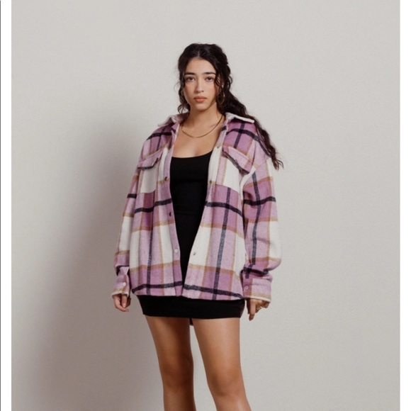 CHIBI PINK PLAID FLANNEL POCKET BUTTON UP SHACKET - Picture 2 of 5